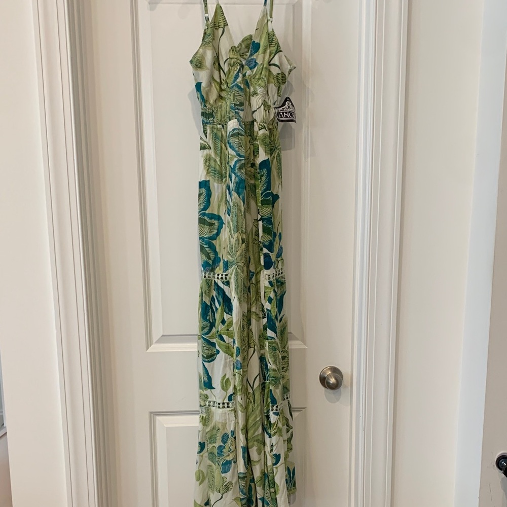 Angie Green and Teal tropical wide leg jumper open back M NWT